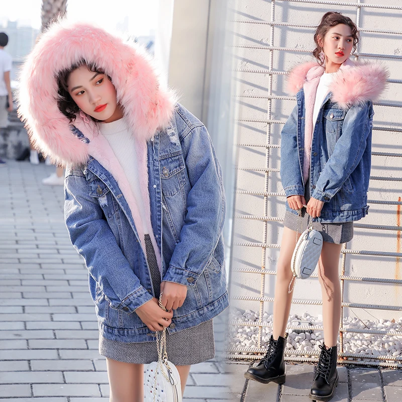 

women jean jacket Winter Thick Jean Jacket Faux Fur Collar Fleece Hooded Denim Coat Female Warm Denim Outwear