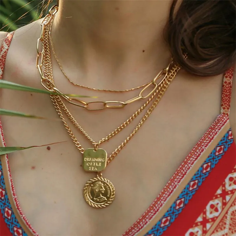 

Bohemian 4 layers queen head coin Pendant Necklaces For Women simple gold color metal initial Necklace adjustable Jewelry 2019