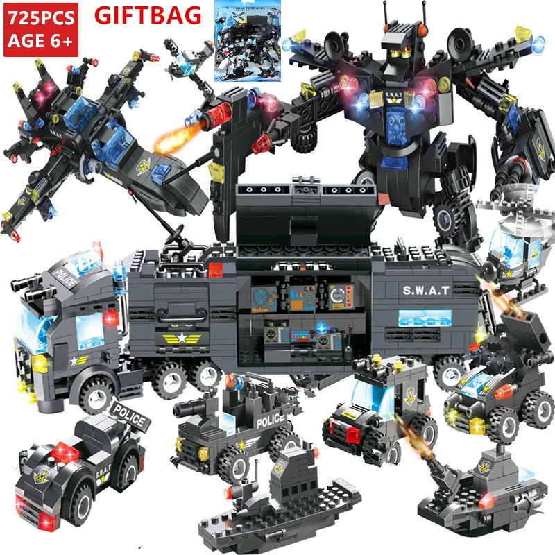 

8Pcs/lot City SWAT Police War Generals Robot Toy Car Building Blocks Sets Helicopter DIY Bricks Playmobil Educational Kids Toys
