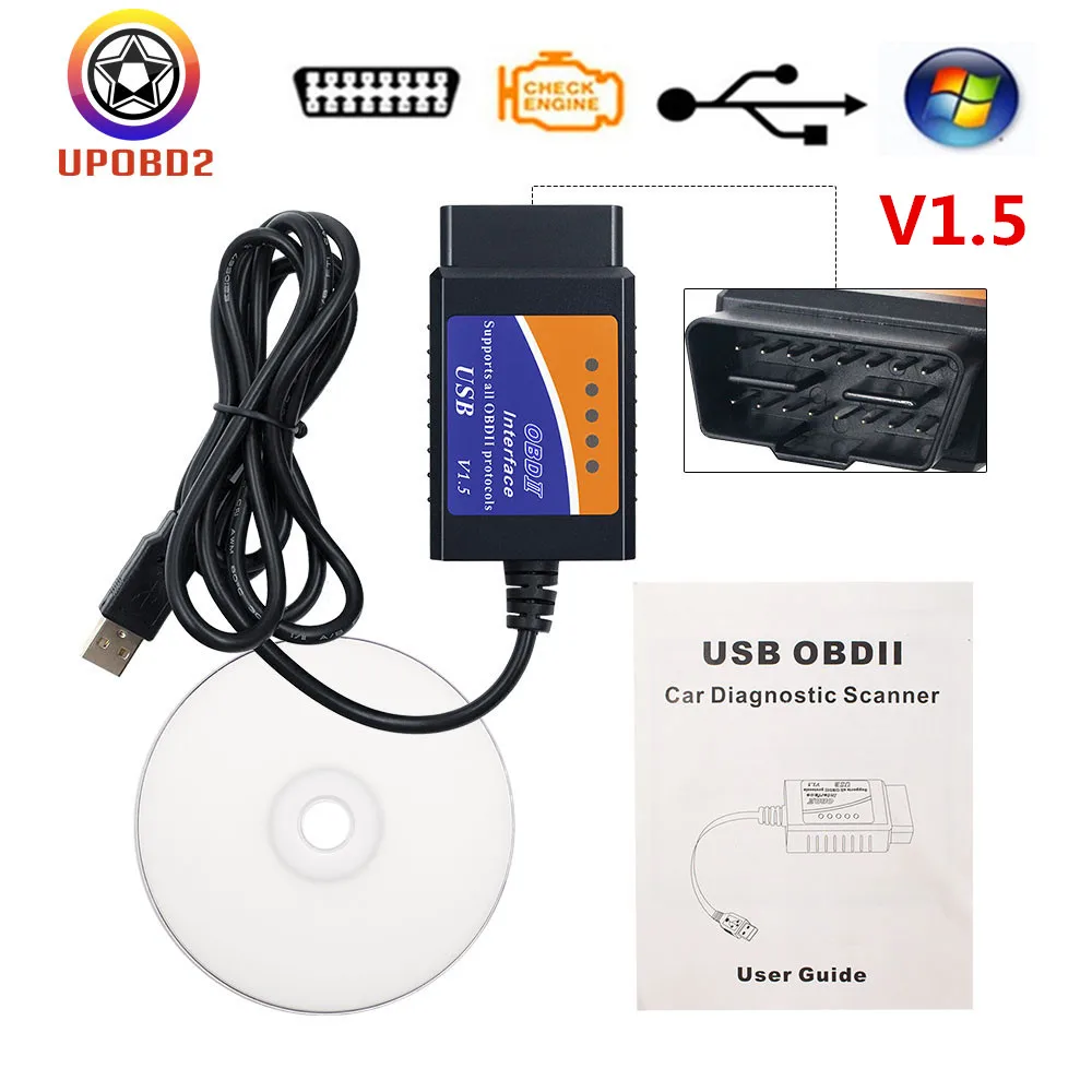 ELM327 1,5 USB obd 2 автоматический сканер ELM327 V1.5 USB OBDII диагностический кабель ELM 327 V1.5 считыватель кодов для Windows Поддержка 9 протокол