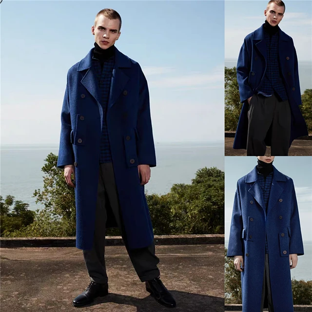 Solid Blue England Style Custom Woolen Overcoat Men’s Loose Double Breasted Warm Mid-Length Trench Coat Male Thick Jacket Double Breasted Coat Men Men Casual Jackets Men Wool Coat Outwear & Jackets cb5feb1b7314637725a2e7: Blue