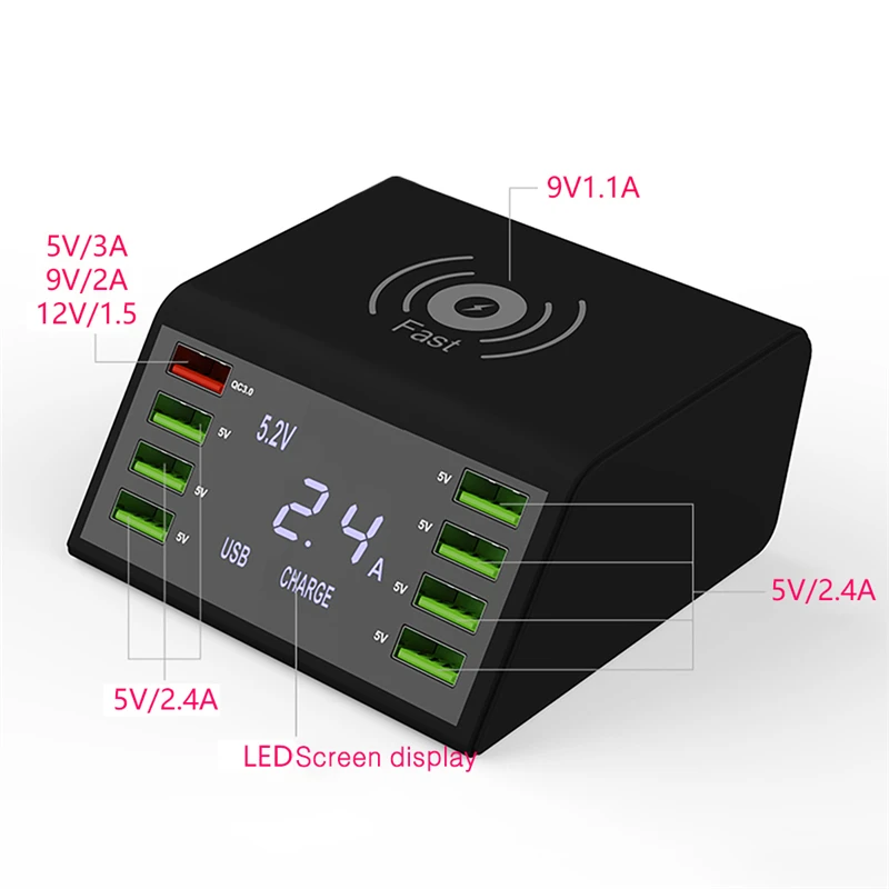 

Tinfence PD Wireless Charging Station 60W 8 Port LED Display Quick Charge 3.0 Fast Desktop Charger For iPhone Samsung Xiaomi