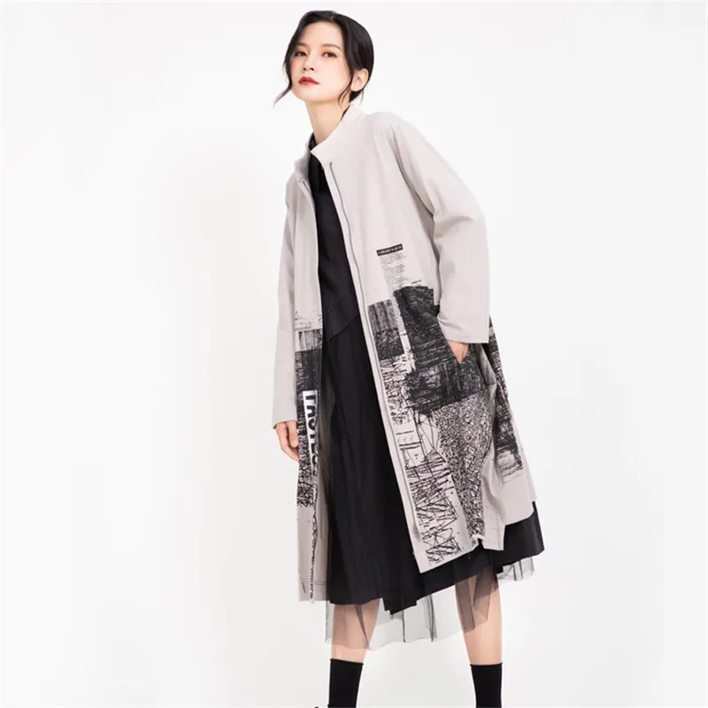 SZMALL Новейшее модное длинное пальто с принтом для женщин осень зима Стильная кардиган на молнии длинные пальто женские прямые женские куртки