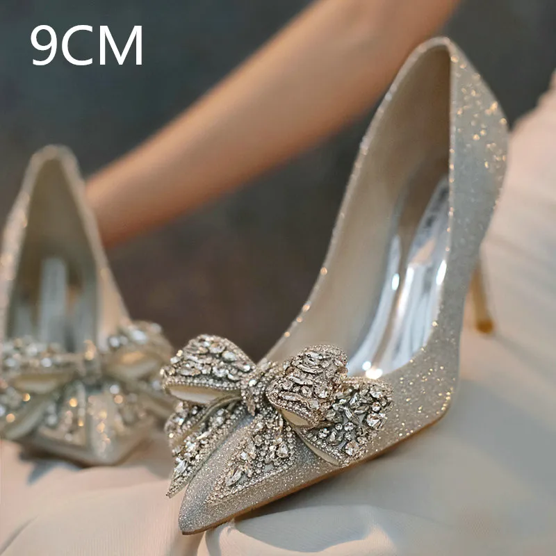 Damen Pailletten High Heels - Strass Schleife Pumps Für Hochzeit & Abend