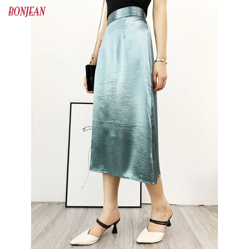 

2019 Autumn Glossy Satin Skirts High Waist Skirt Office Mid-calf Skirt Metallic Color Shiny Party Skirts Sexy Skirts