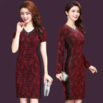 

High Quality Beautiful New Spring Autumn Ersion Silk Slim Simple Elegant Printing Women Dress V-neck Designs Office Lady Dresses