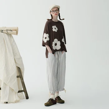 Ladies' wide leg cotton linen in striped