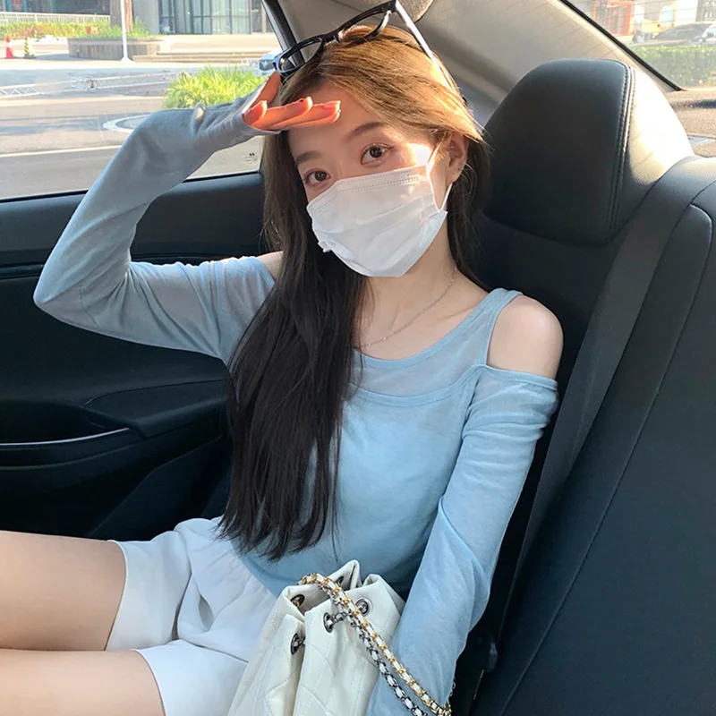 Футболка женская с открытыми плечами и длинным рукавом тонкая Солнцезащитная