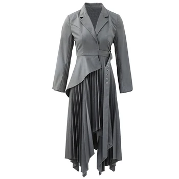 

GoodliShowsi Business Wear Women Blazer Dress Grey Fake 2 Piece Patchwork Asymmetrical Pleated Dresses OL