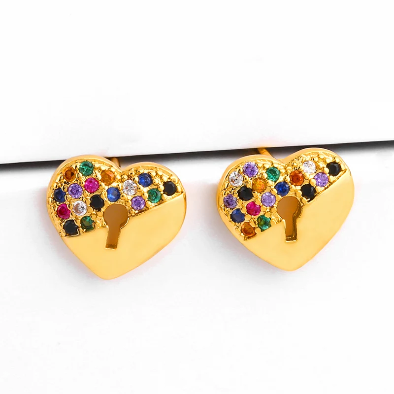 FLOLA Rainbow Heart маленькие серьги гвоздики Girls 24K Gold CZ милые крошечные Радуга ювелирные