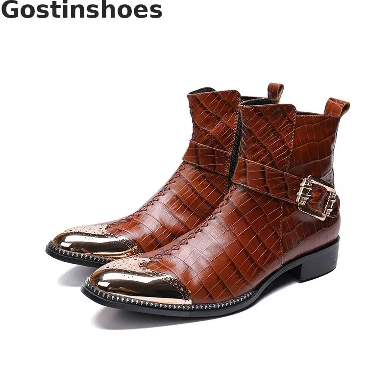 

Brown Genuine Leather Men Boots Buckle Straps Crocodile Skin Pattern Printed Casual Leisure Ankle Short Boots Pointed Metal Cap