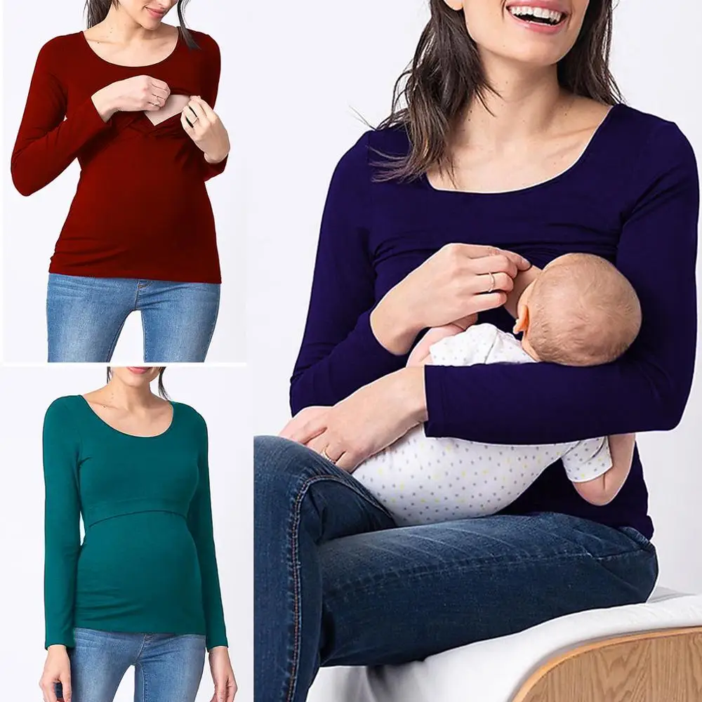

High Quality Nursing Top Women Long Sleeve Breastfeeding T shirt Blouses Winter Clothes Round Neck Long Sleeve Nursing Tops