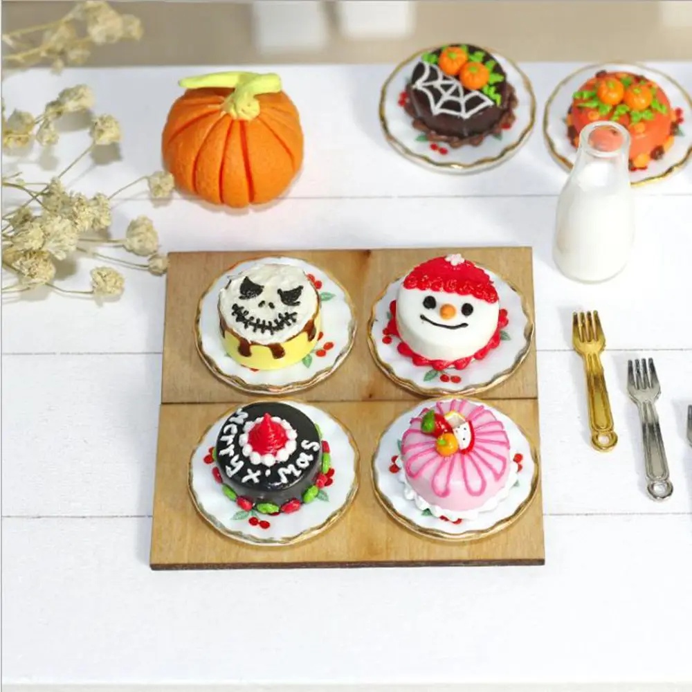 Miniature Dollhouse Food 1:12 Halloween or Christmas Fruit Chocolate Cake + Saucer for Blyth Barbies BJD Doll Accessories 5