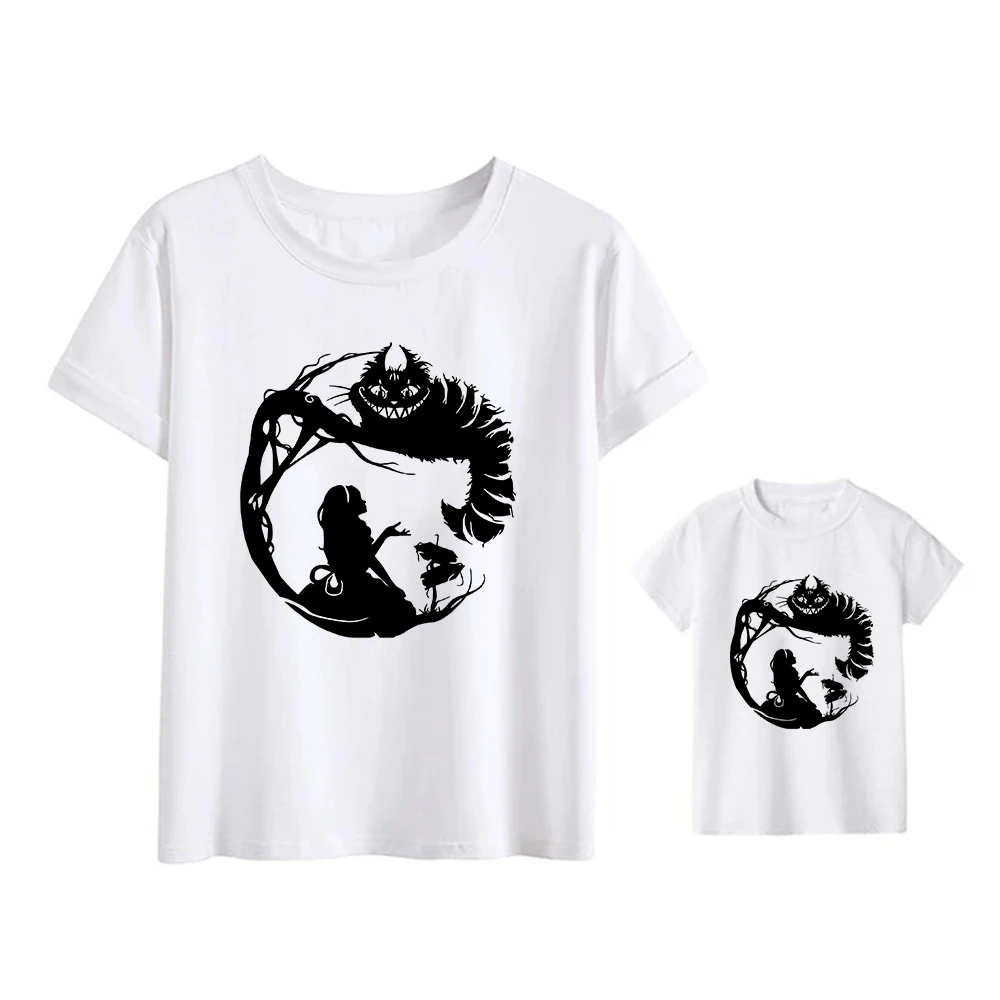 Fashion Kids Tshirt Alice In Wonderland White T Shirt Down The Rabbit Hole Print Baby Girl Tshirt Summer Mom Daughter Clothes matching christmas outfits Family Matching Outfits