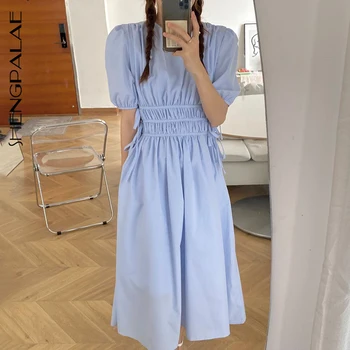 

SHENGPALAE 2020 New Summer Women Vintage Loose High Waist Slim Was Thin Elegant Flods Design Puff Sleeve Maxi Dress ZA4651