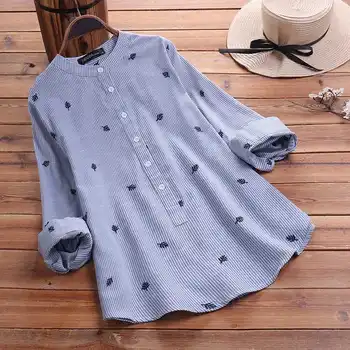 

Elegant Embroiderey Shirts Women's Stripe Blouse 2020 ZANZEA Casual Button Down Blusas Female Long Sleeve Tops Plus Size Tunic