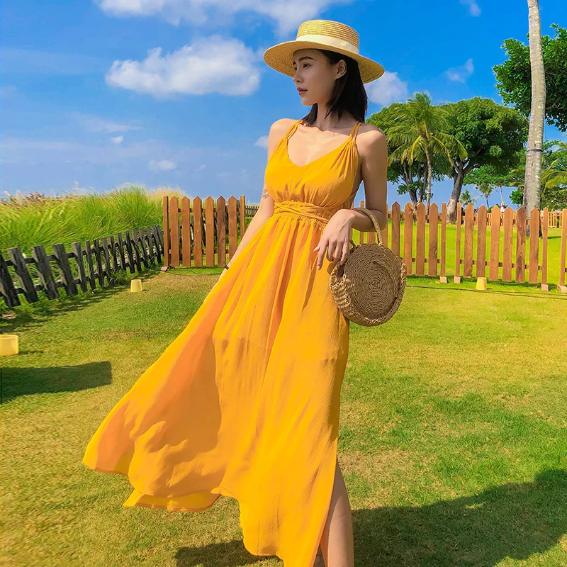 

Yellow Long Chiffon Women Slip Dress Summer 2020 Runway Backless Korean Party Dress Elegant Tropical Beach Vacation Sundress New