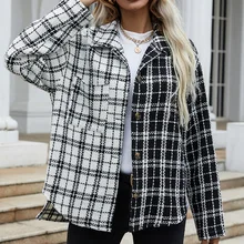 Autumn New Plaid Jacket Black and White Stitching Long-sleeved Lapel Plaid Shirt Jacket Fashion Casual Loose Women's Clothing