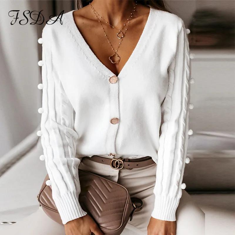 FSDA V Neck Sexy White Sweater Women Button Knit Cardigan 2020 Autumn Winter Long Sleeve Solid Elegant Jumper Top Sweaters |
