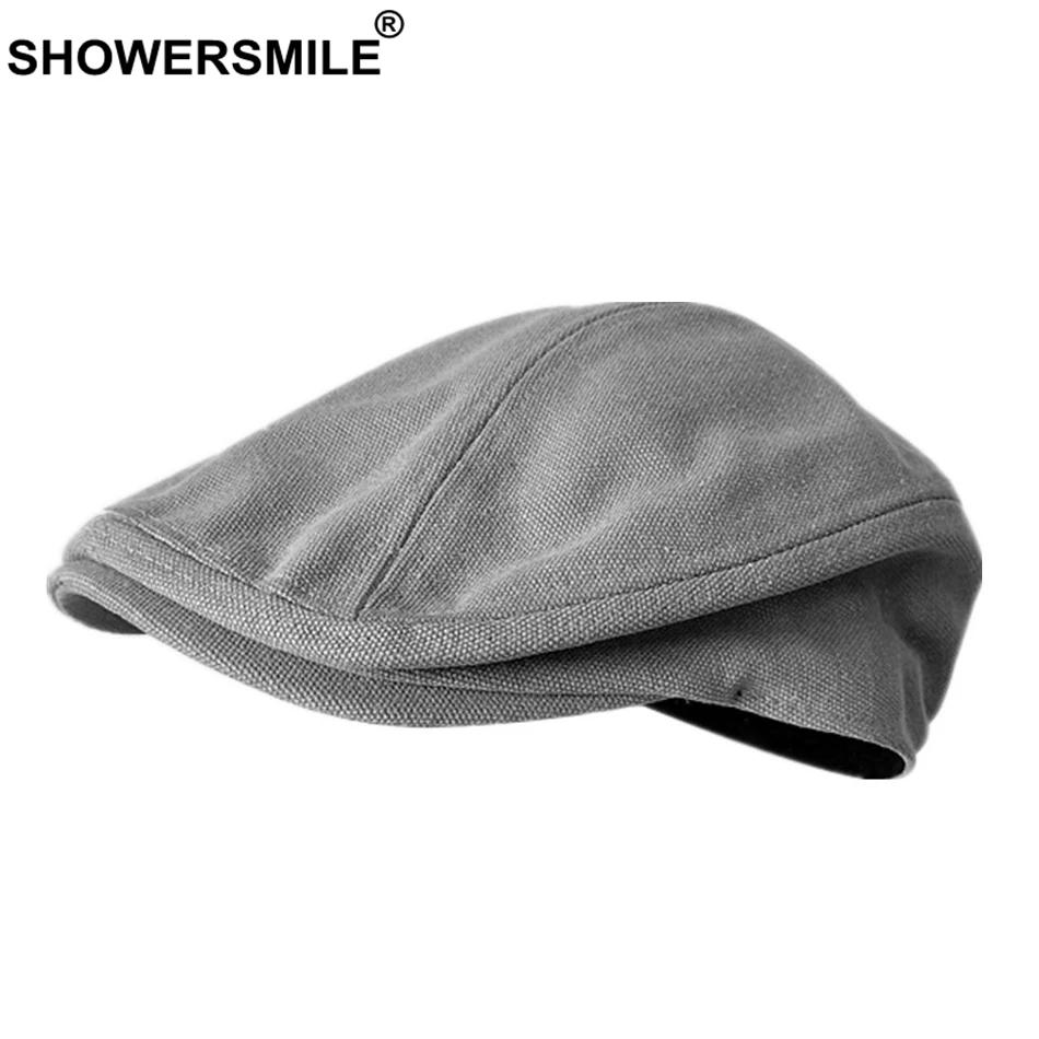 Showersmile Men Beret Hat 100 Cotton Grey Flat Caps Male Spring Solid