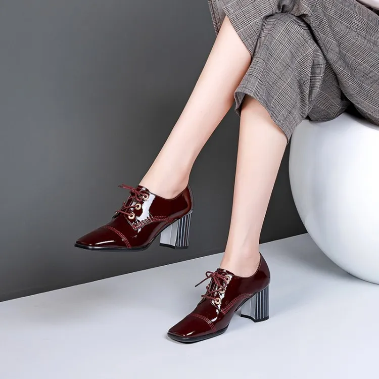 

Spring And Autumn New Style Europe And America Nobility Elegant Fashion Lace up Front Deep Mouth WOMEN'S Shoes Chunky-Heel Versa