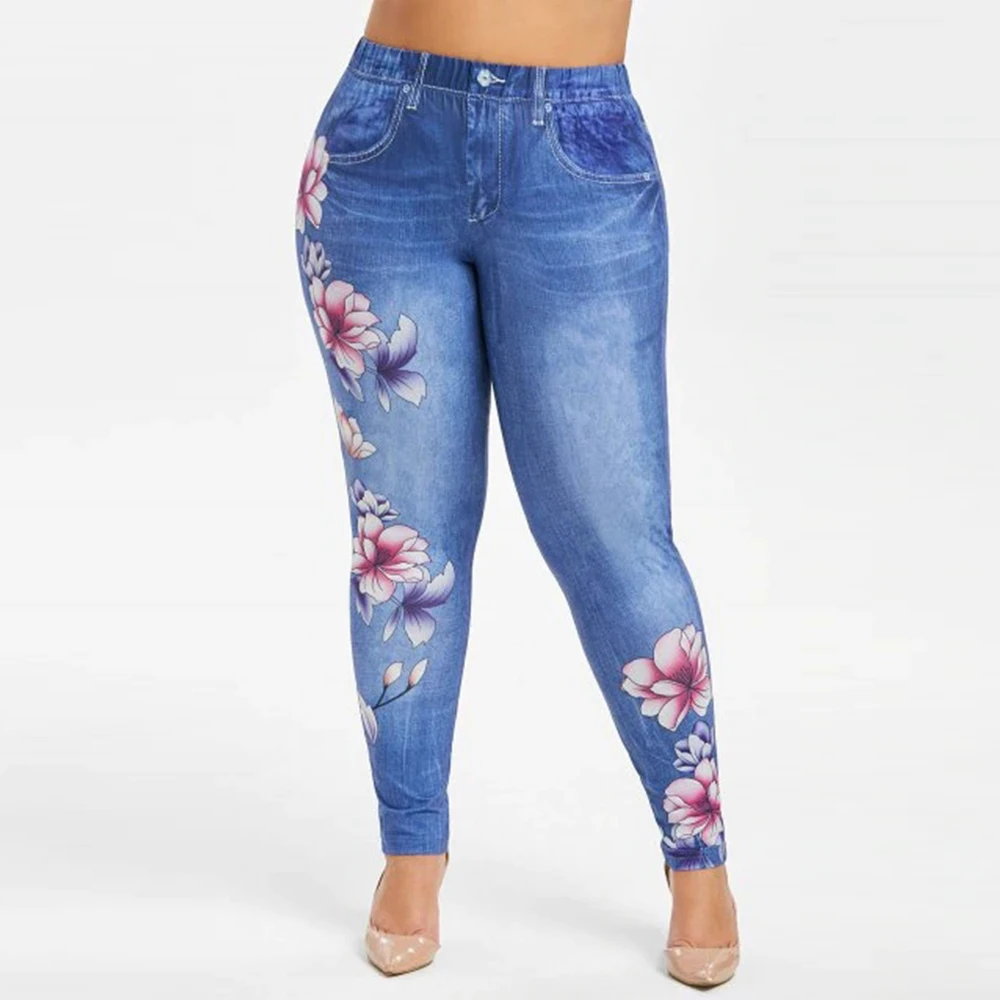 Imitation Denim Pants Women Large Size Flower Print Skinny Jeans for Woman Fashion Lady Mid Waist Jean Pencil Trousers D30 - Цвет: Синий