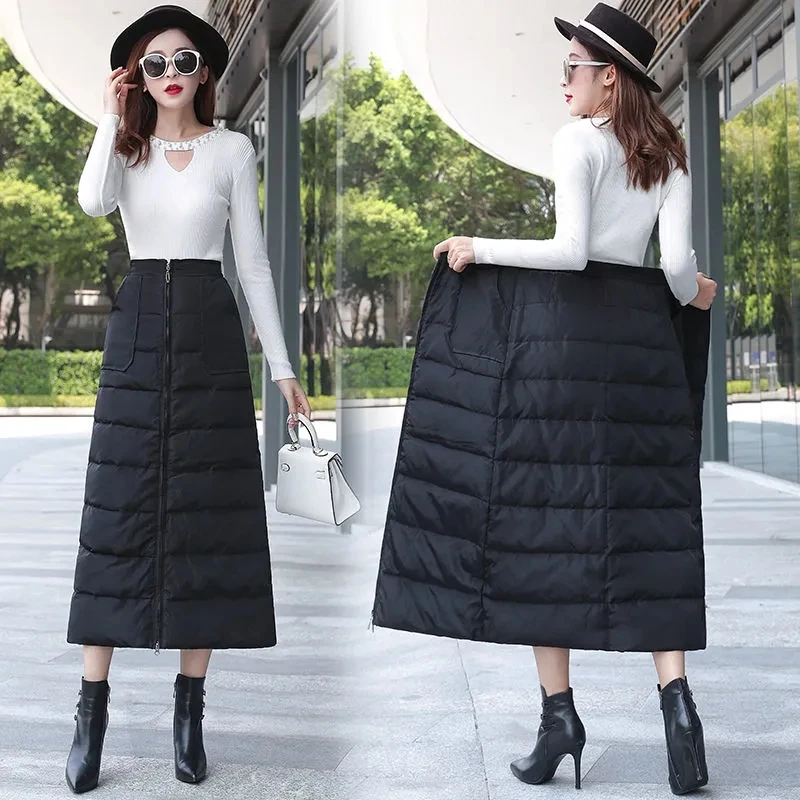 

Winter Women's Skirts 2023 New One-piece Zipper Mid Long Skirt High Waist Cotton Warm A-Line Black Skirt Women's Clothing