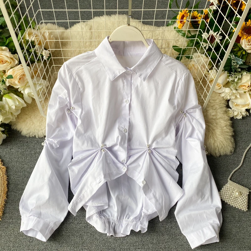 Neploe женская блузка с неровными бусинами, плиссированная Модная рубашка, весна, длинный рукав, однобортный корейский Повседневный Топ, Blusas 57146