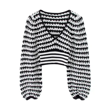 

Women Crop Top Sweater New Lantern Sleeve V-neck Short Coarse Knitted Pullover Casual Striped 2020 Fashion Autumn Winter Clothes
