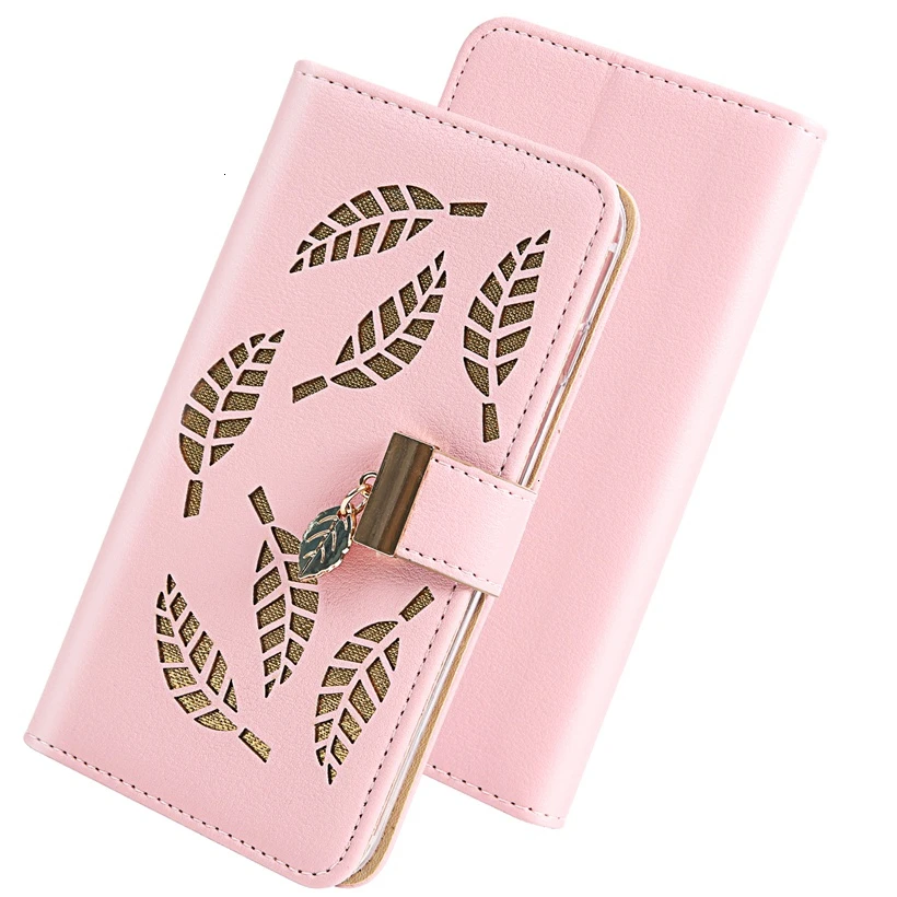 Женский кожаный чехол-кошелек с полыми листьями для huawei P20 P30 Pro P Smart Honor 9 10 20 Lite Y5 Y6 Y7, чехол с держателем для карт, чехол s - Цвет: Розовый
