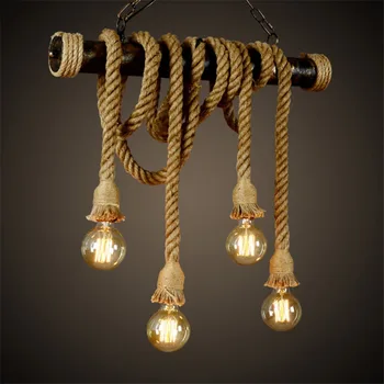 

Vintage Industrial Decor Pendant Double Head wood lamp E27 Edison Rope Restaurant Themed Decor Hemp Rope Coffee Bar