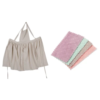 

Aprons Washed Cotton Uniform Adult Aprons with 6PCS Washcloths Nonstick Oil Coral Hanging Kitchen Dishclout Hand Towels