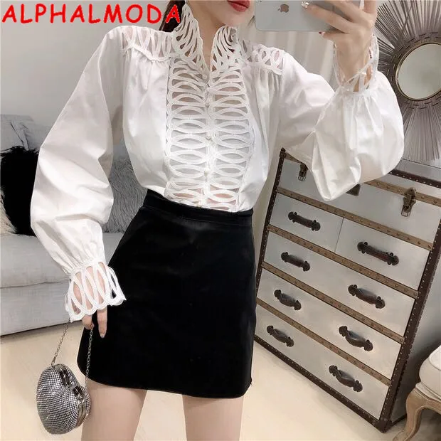 ALPHALMODA 2019 новая рубашка полый дизайн фонарь рукав с воротником стойкой женский