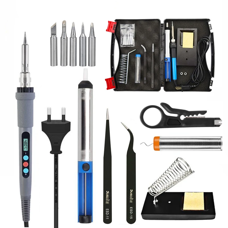 Electric Soldering Iron Kit 110V 220V 60W Adjustable Temperature Soldering Iron Set With Desoldeirng Pump Welding Tip Stand Tool