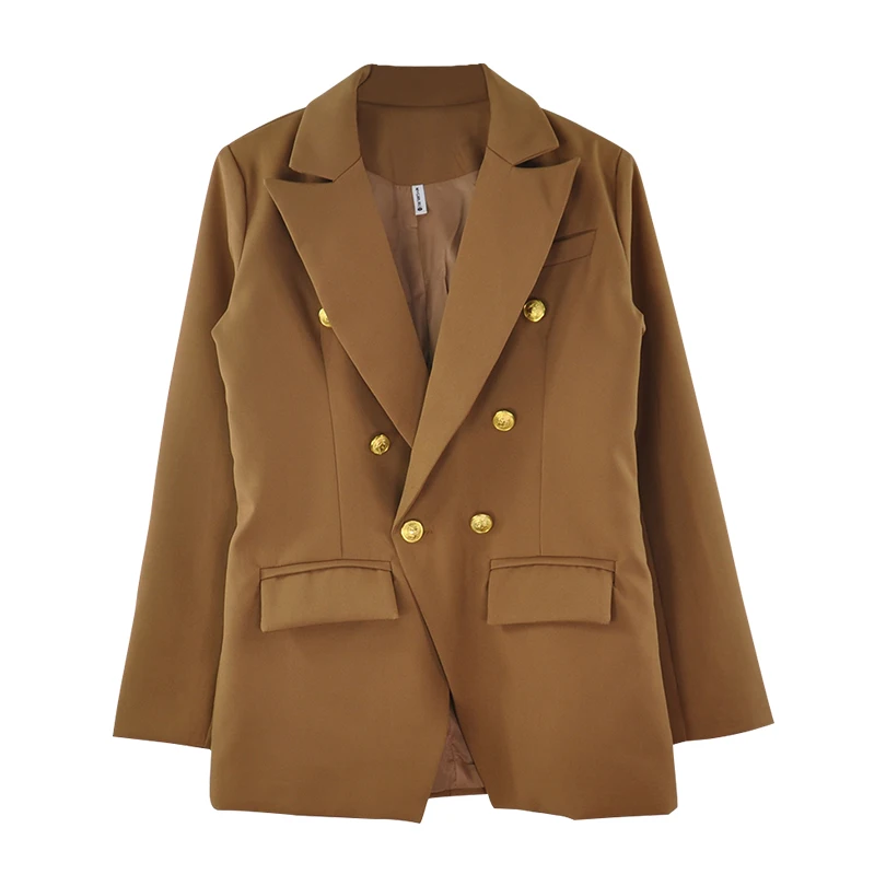 TYHRU женский двубортный пиджак с v-образным вырезом и золотыми пуговицами для офиса - Цвет: Khaki