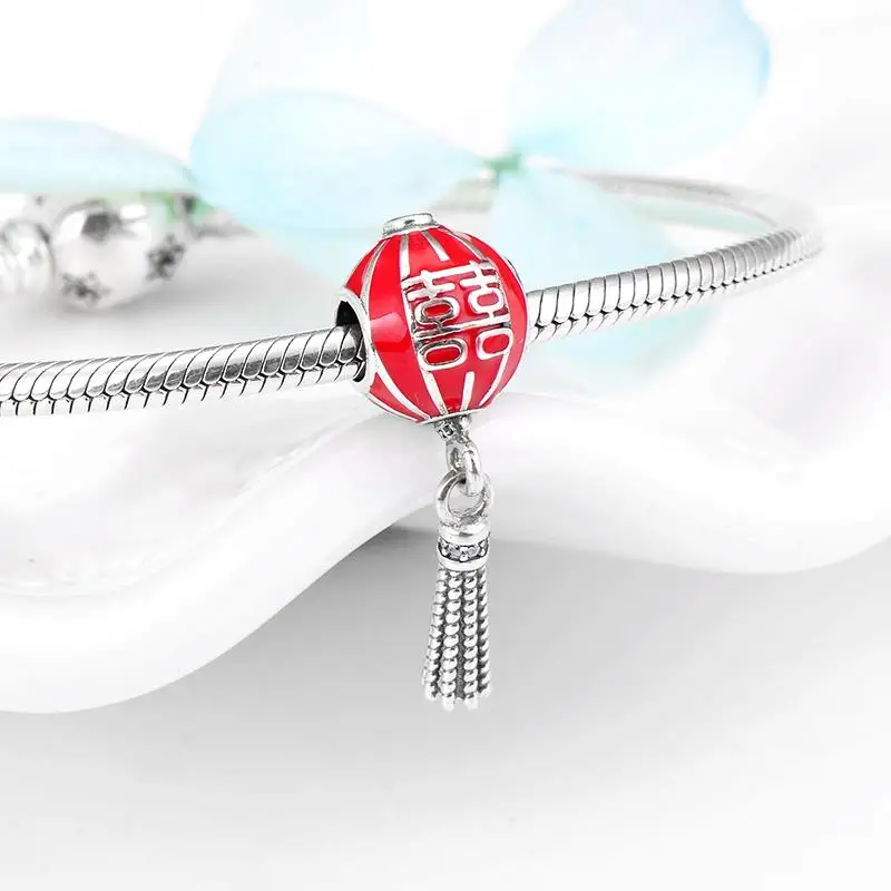 DIY gift 925 Sterling Silver red enamel Bead Chinese Double happiness lantern Pendant Fit Women Charm Bracelet Jewelry Making | Украшения и