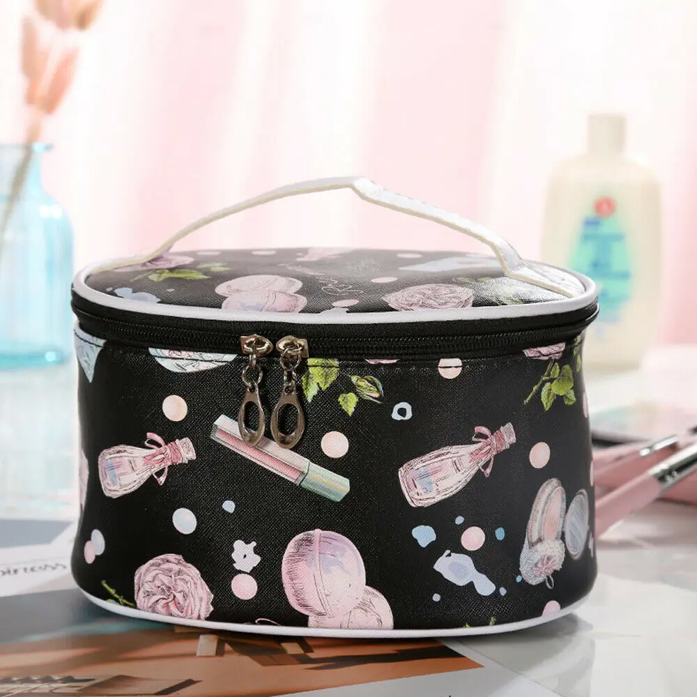 Newest Hot Women Waterproof Makeup Bag Cosmetic Bags Travel Toiletry Wash Case PU Leather Luxury Floral Printed Bags - Цвет: Черный