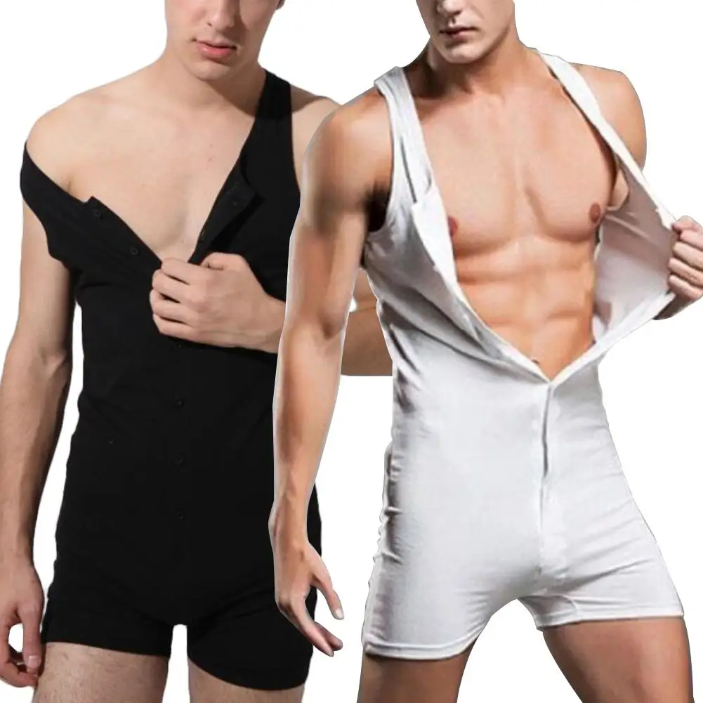 

Men Sexy Solid Color One-piece Vest Tank Top Button Shorts Jumpsuit Bodysuit Solid color one-piece design slim and fit style