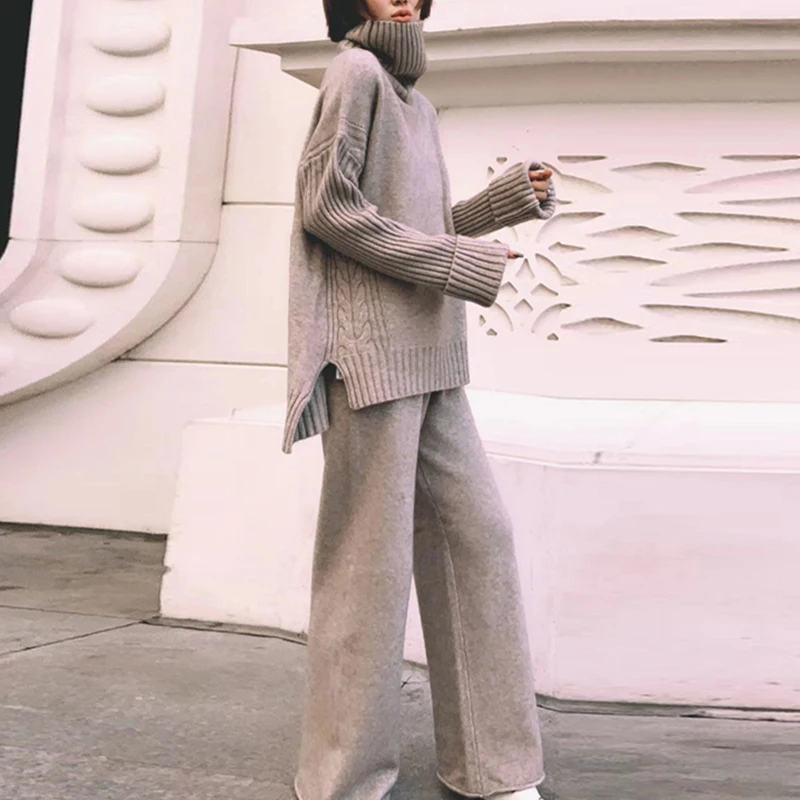sweater set Knitwear Wide Leg Pants Set New Style Fashion Solid Color Turtleneck Sweater Loose Wide Leg Pants Two Piece Women