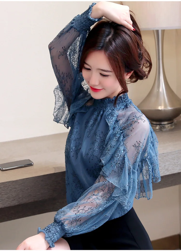 plus size blouses ruffles Lace Blouse 2020 long sleeve hollow out Elegant Casual Printed Women Tops Fashion Perspective Chiffon shirt Plus size shirts & tops