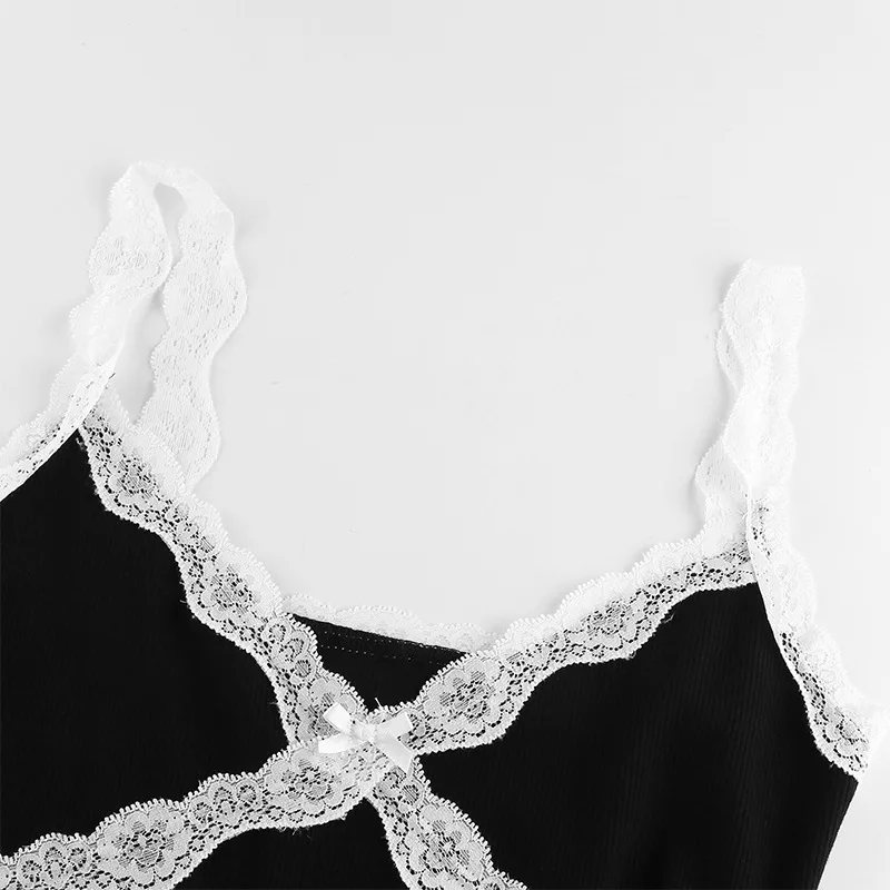 ALLNeon E-girl Y2K Spaghetti Strap V-neck Black Camis Dresses 90s Vintage Chic Criss-cross with Lace Ribbed Mini Party Dress