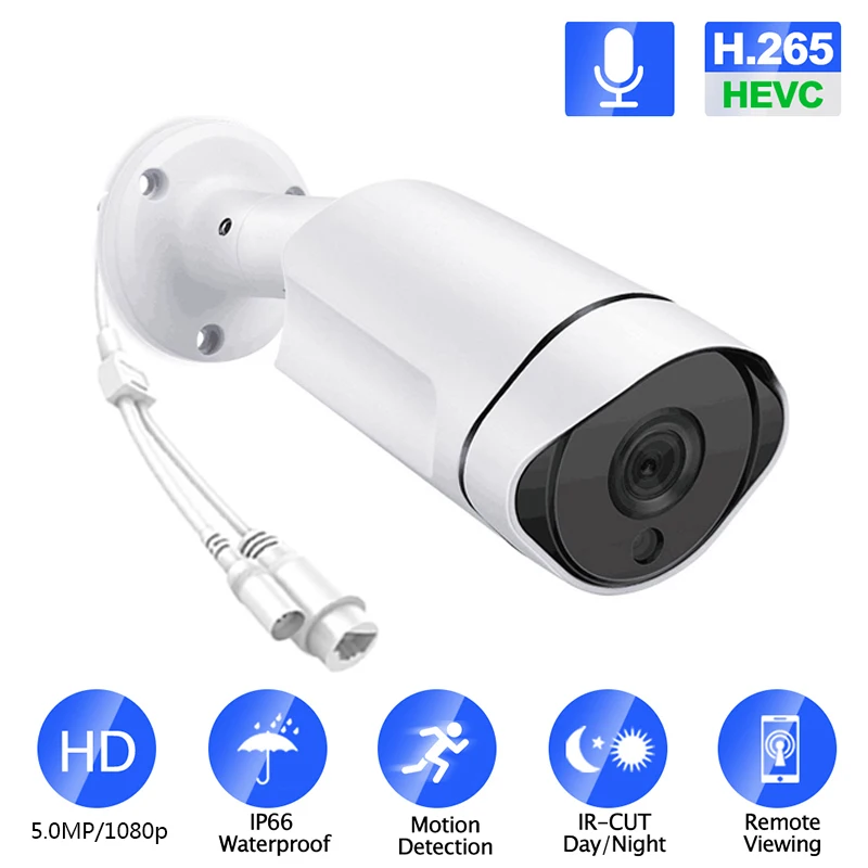 5MP 3.0MP 2MP Водонепроницаемая наружная ИК Ночная H.265/H.264 IP камера CCTV Onvif IP 48 в POE H265 аудио камера IOS/Andriod View