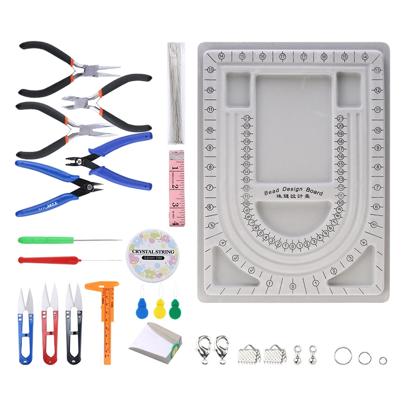 

A set professional Jewelry Making Tools With Pliers/ Scissors/ Tweezers/ jump rings/ bead Design board For DIY Jewelry making
