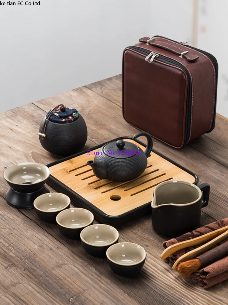  Japanese black pottery kungfu tea set portable suit Travel Tea Set 13 Piece Set One pot of four cup