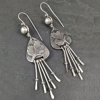 

Vintage Silver Color Metal Long Tassel Drop Earring Floral Fashion Bohemia Antique Ladies Pearl Drop Jewelry Q4D411