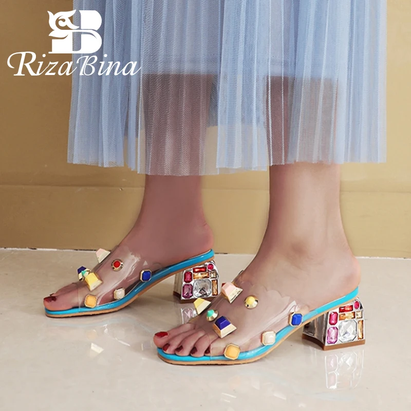 RIZABINA Women Sandals Stone Heel Open Toe Shoes Fashion Sweet Metal Mixed Color Summer Slippers Footwear Size 33-46 | Обувь