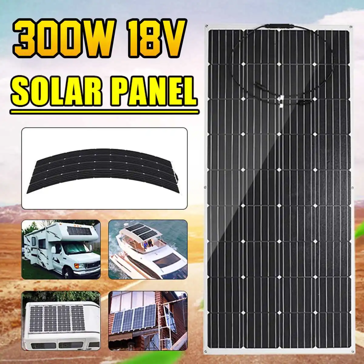 

18V Semi-flexible Solar Panel 300W Monocrystalline Solar Cell DIY Module Cable Outdoor Connector Battery Charger Waterproof