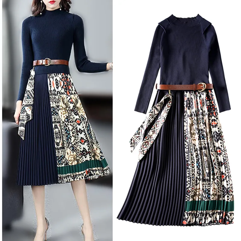 

High Quality Spring Autumn Dress Knit Long sleeve Dresses women elegant vintage Pleated Patchwork party dress Vestidos NS1005