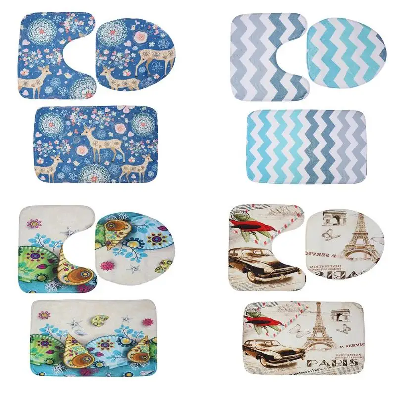 

3pcs 3D Flannel Print Anti-skid Carpet Floor Mat Rug Bathroom Toilet Pad