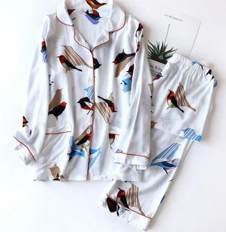 

Women Pajama Set Long Sleeve Print V Neck Button Top + Loose Trousers Autumn Home Clothes